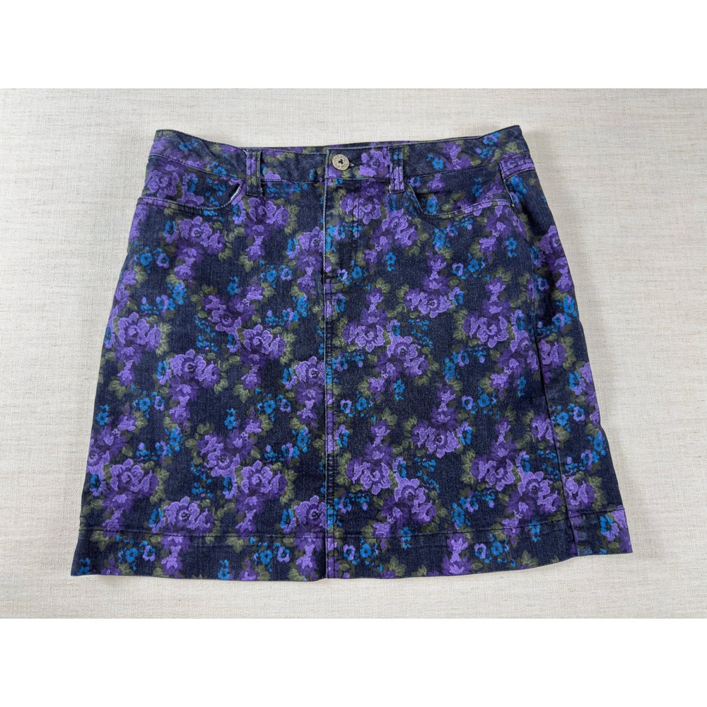 Baccini Purple Floral Denim Mini Skirt Size 12 Blue Flower Print Stretch Jean